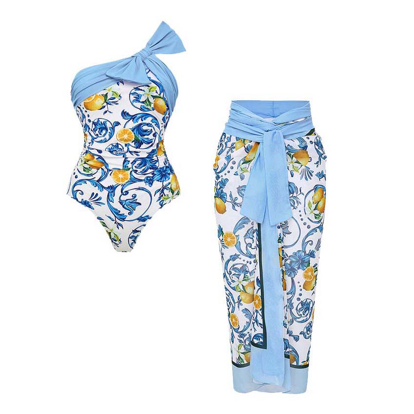 Lemon Print One Shoulder One Piece Swimsuit and Sarong or Skirt Flaxmaker