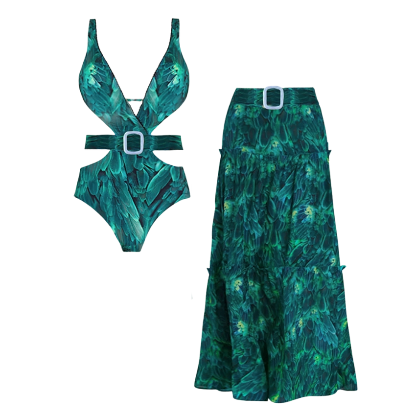 V Neck Cut Out Feather Printed Swimsuit and Skirt Flaxmaker