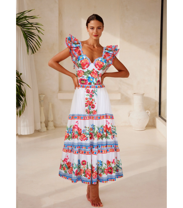 V Neck Ruffle Shoulder Embroidery Pattern Printed  One Piece Swimsuit and Skirt Flaxmaker