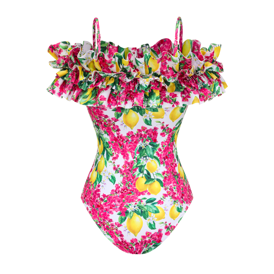 Bandeau Ruffled Lemon Floral Print One Piece Swimsuit and Mesh Splicing Sarong