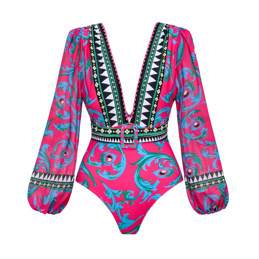 Long-sleeved Peacock Totem Print One Piece Swimsuit and Sarong Flaxmaker