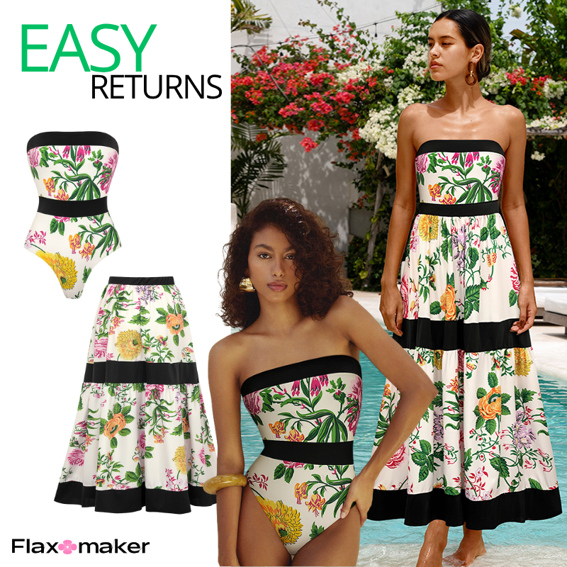 Off Shoulder Back Bow Tie Color Block Printed One Piece Swimsuit and Skirt Flaxmaker