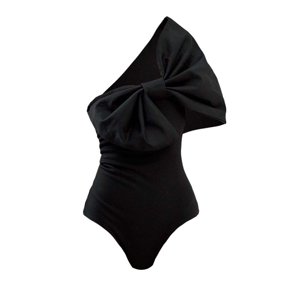 One Shoulder Bow Design Black One Piece Swimsuit and Skirt Flaxmaker