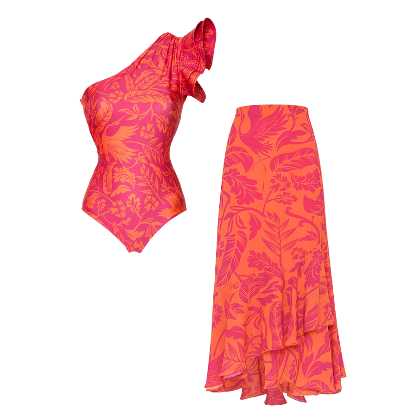 Ruffle One Shoulder Printed One Piece Swimsuit and Skirt Flaxmaker