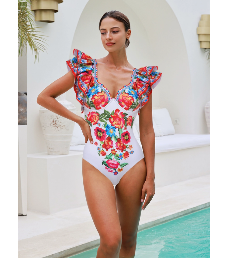 V Neck Ruffle Shoulder Embroidery Pattern Printed  One Piece Swimsuit and Skirt Flaxmaker