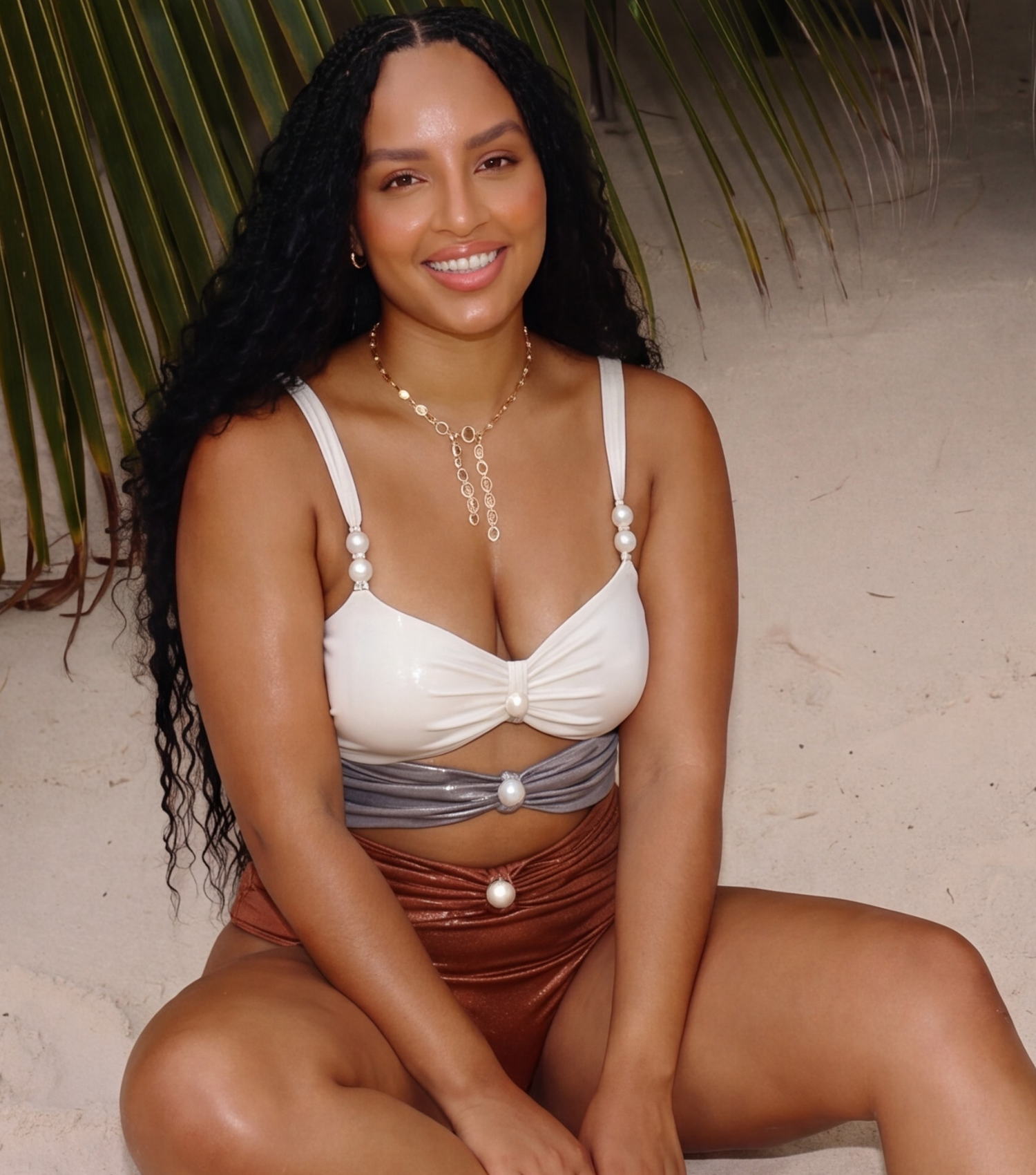 Plus Size Contrasting Colors Shiny Pearl Decoration One Piece Swimsuit and Skirt