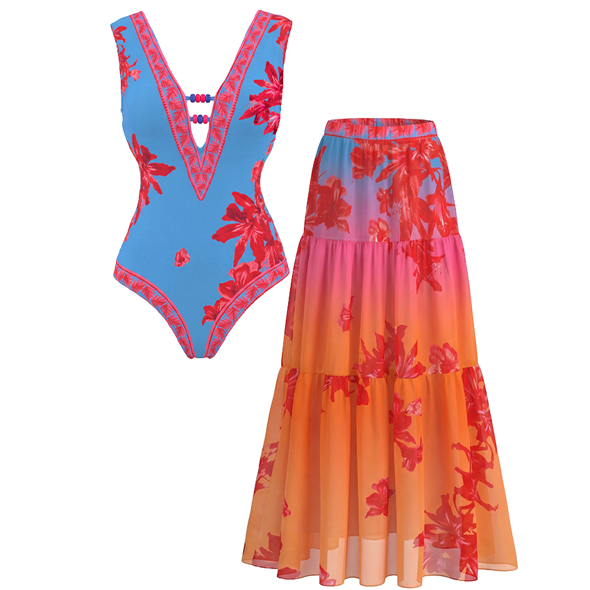 [Copy]V Neck Pale Pink Ombre Flower Print Swimsuit Set(s)