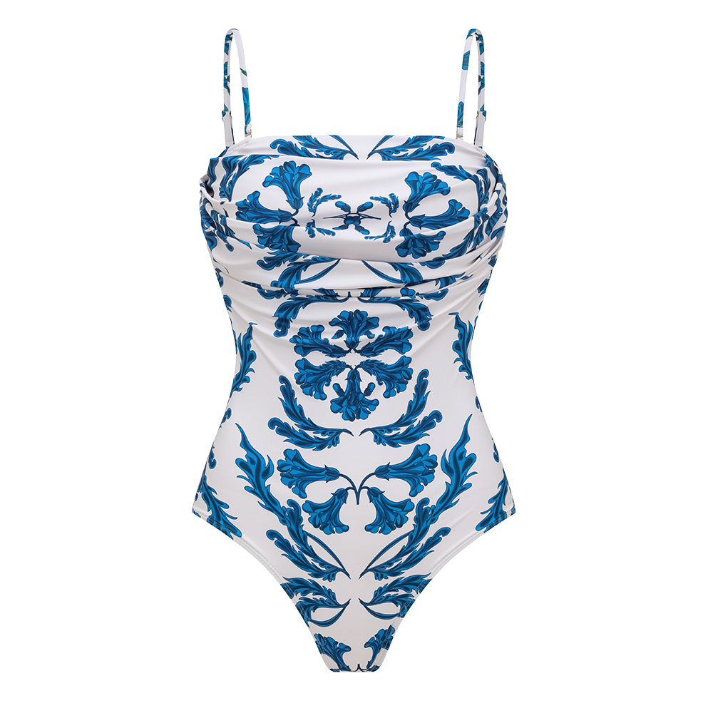 Strapless Style Frilled Printed One Piece Swimsuit and Skirt