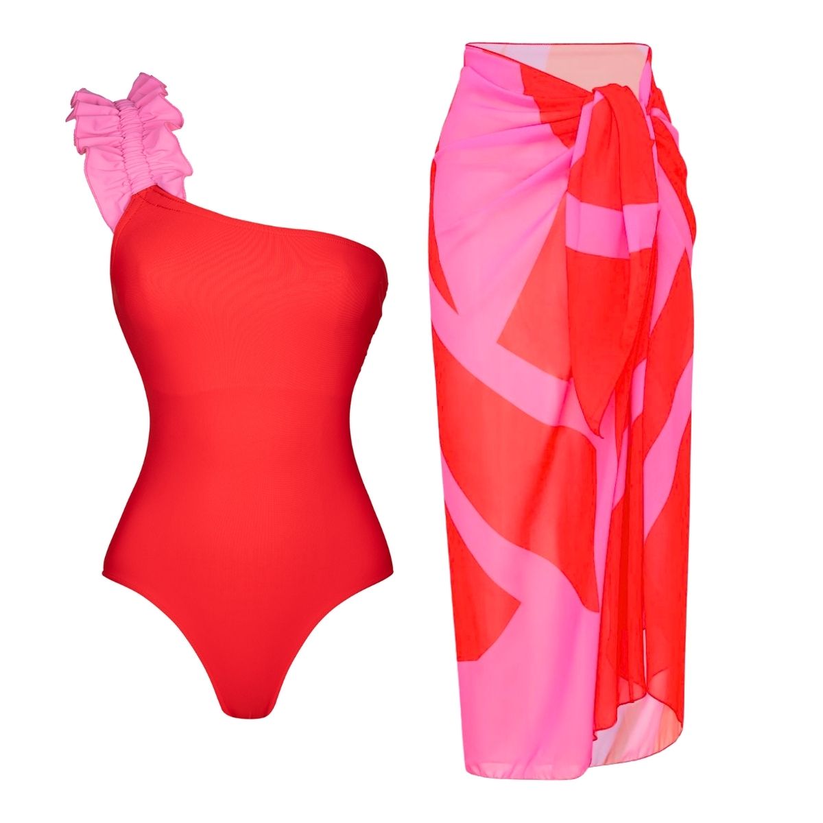 One Shoulder Color Block One Piece Swimsuit and Sarong