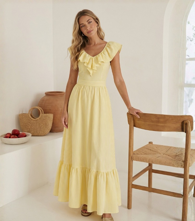 V Neck Ruffle Striped Print One Piece Swimsuit and Skirt