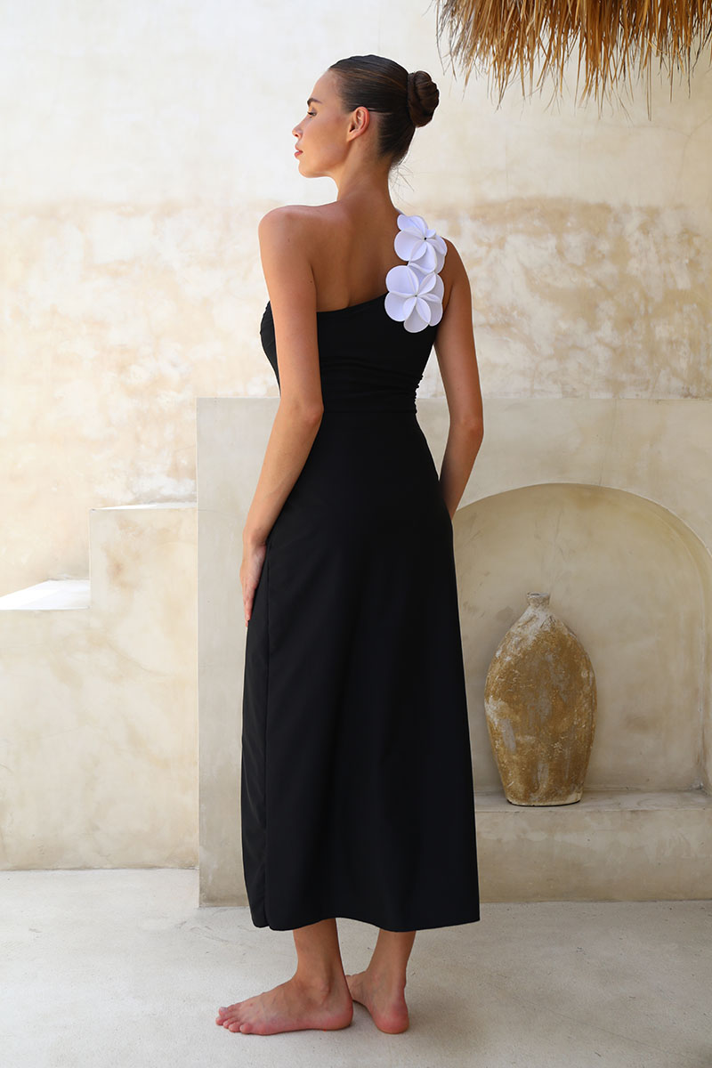 Oblique Shoulder 3D Flower Color Block One Piece Swimsuit And Skirt