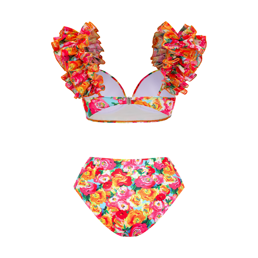 Ruffled Straps Floral Print Bikini Swimsuit and Skirt Flaxmaker