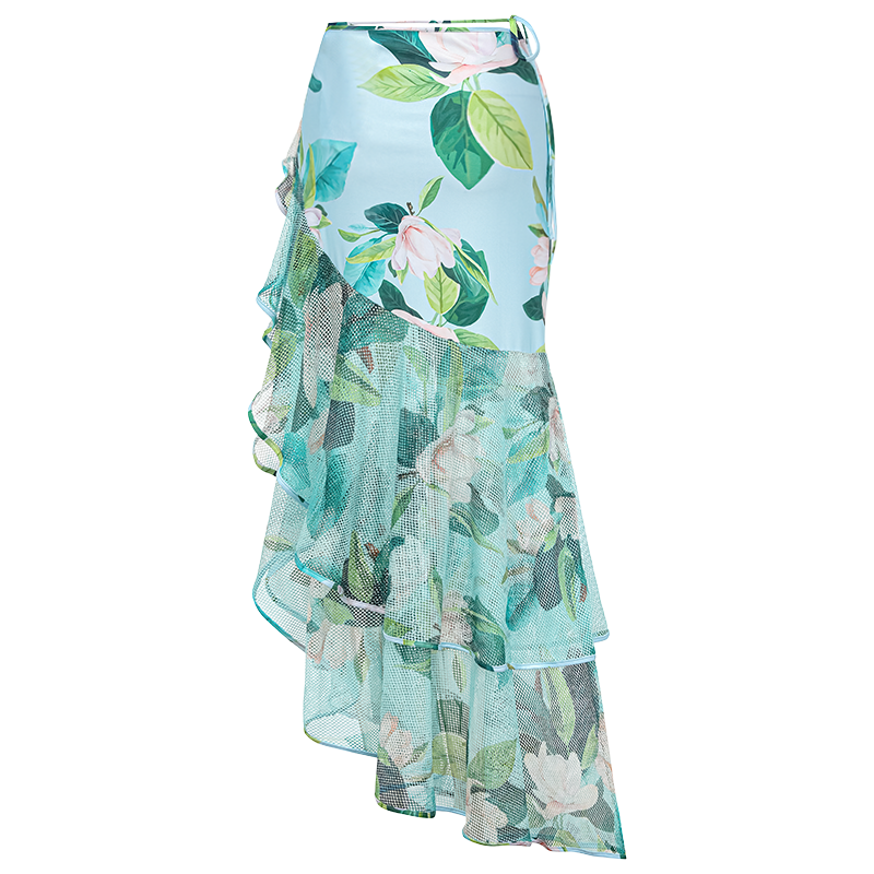 Ruffle Mangnolia Print Bikini Swimsuit and Skirt