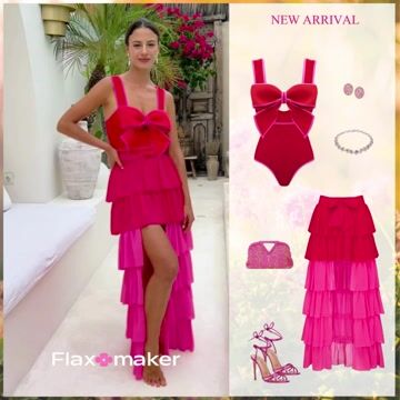 Bow Front Cut Out Color Block One Piece Swimsuit and Skirt Flaxmaker