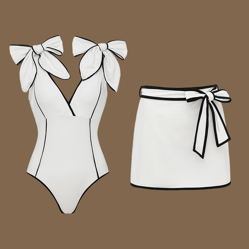 Plus Size Black and White Bowknot Shoulder One Piece Swimsuit and Skirt