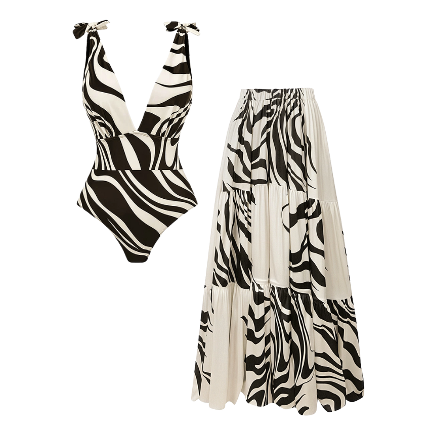 V Neck Printed One Piece Swimsuit and Skirt Flaxmaker