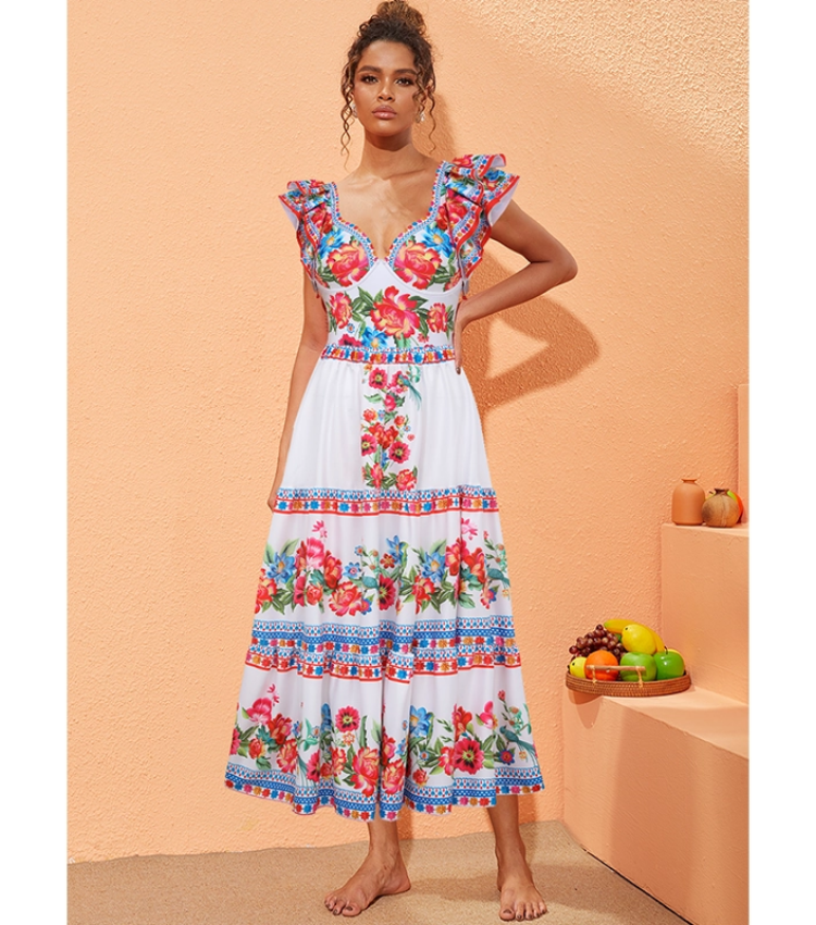 V Neck Ruffle Shoulder Embroidery Pattern Printed  One Piece Swimsuit and Skirt Flaxmaker