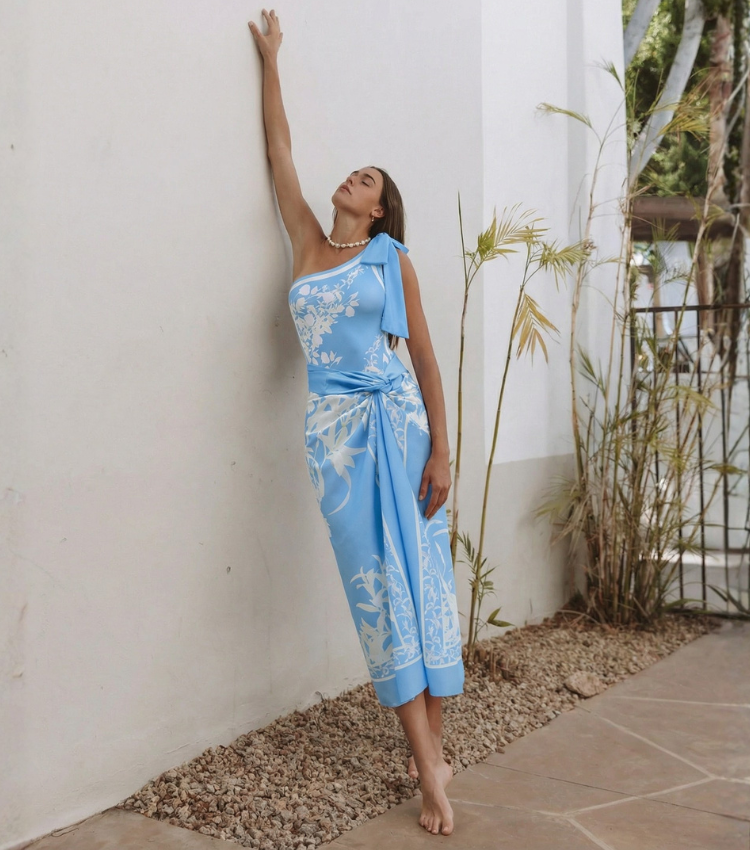 [Copy]One-Shoulder Blue Violet Flower Print Swimsuit Set(s)