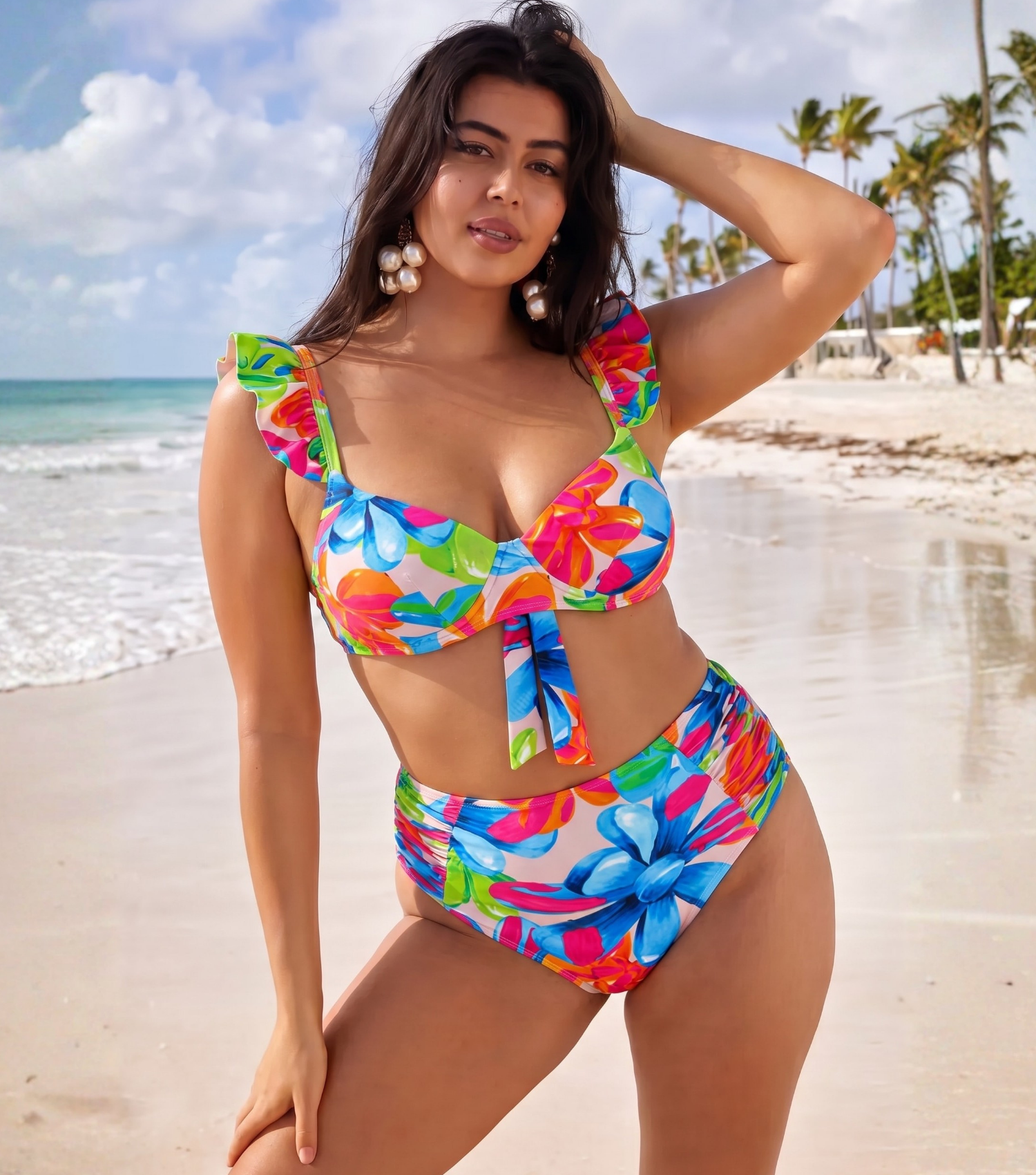Plus Size Floral Printed Bikini Swimsuit and Skirt