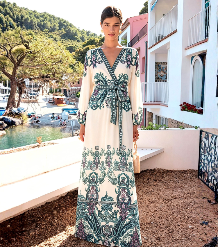 Cream Vintage Paisley Bow Front V-Neck Maxi Dress