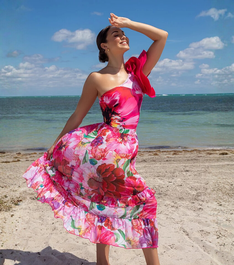 Ruffle One Shoulder Flower Printed One Piece Swimsuit and Skirt Flaxmaker