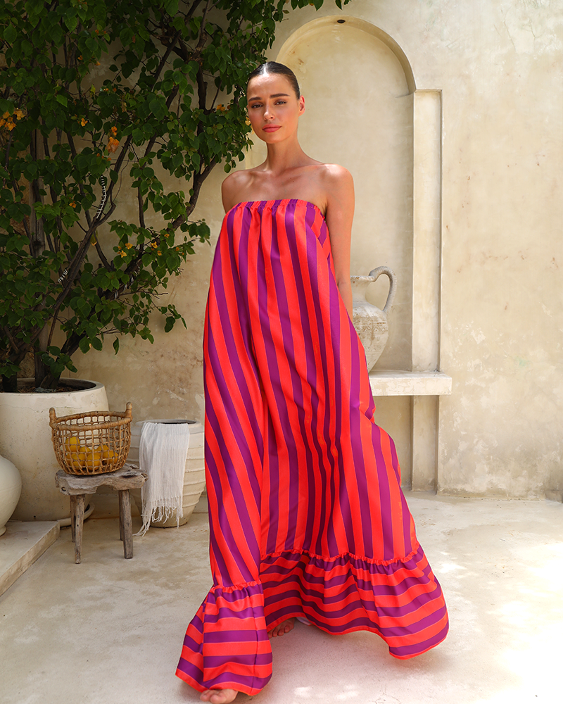 Detachable Sleeves Three-way Color Block Striped Maxi Dress
