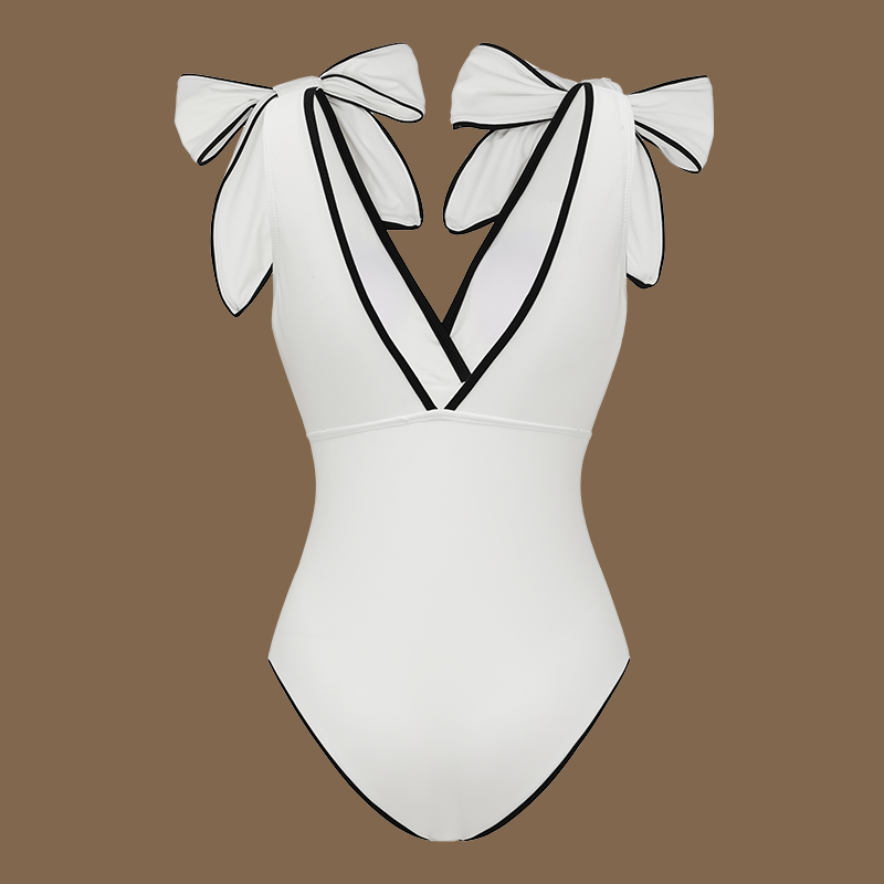 Plus Size Black and White Bowknot Shoulder One Piece Swimsuit and Skirt