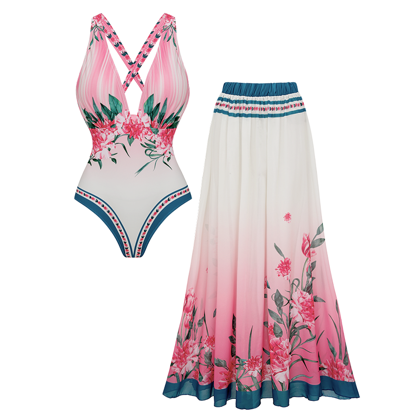 V Neck Pale Pink Ombre Flower Print Swimsuit Set(s)