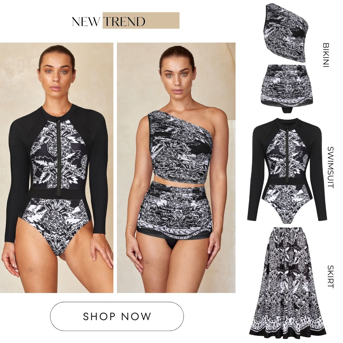 Color Block Printed Long Sleeve One Piece Surf Swimsuit and Skirt