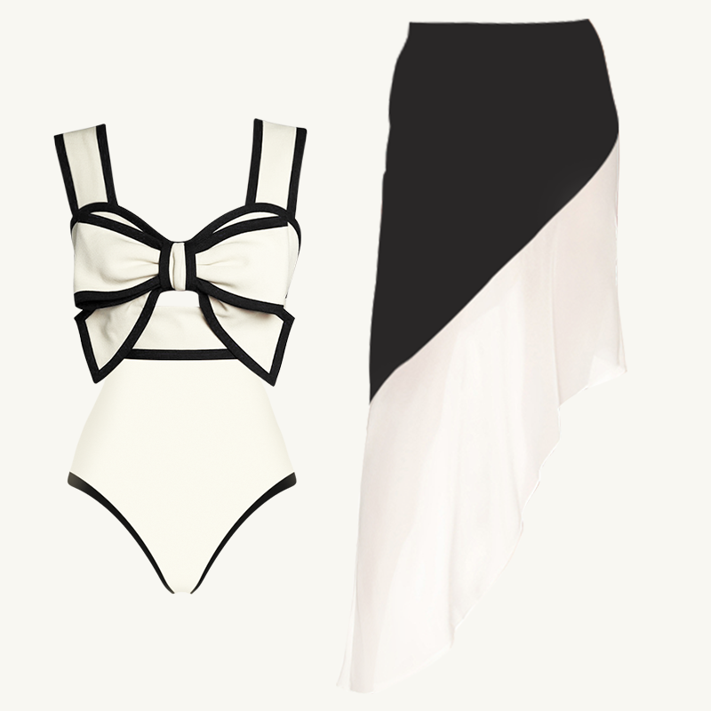 Bow Front Cutout Black and White One Piece Swimsuit and Skirt Flaxmaker