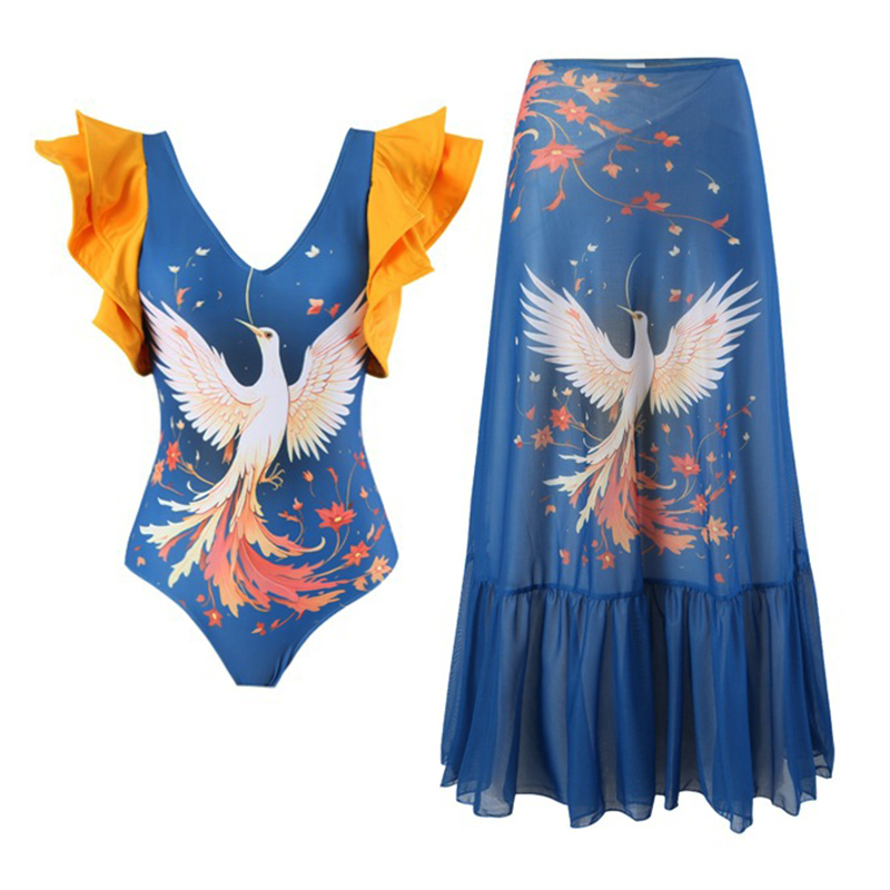 V Neck Ruffle Printed One Piece Swimsuit and Sarong