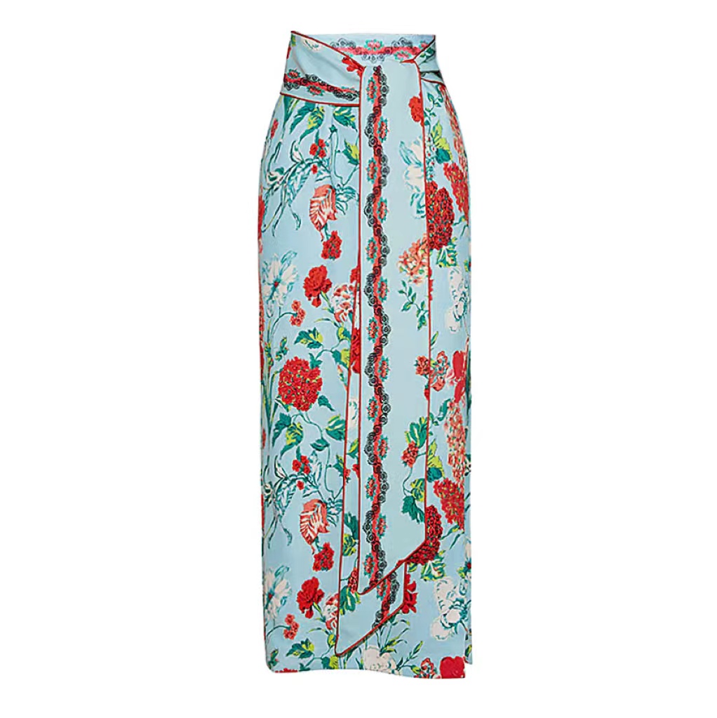 Tie-shoulder Blossom Printed Bikini Swimsuit and Skirt Flaxmaker