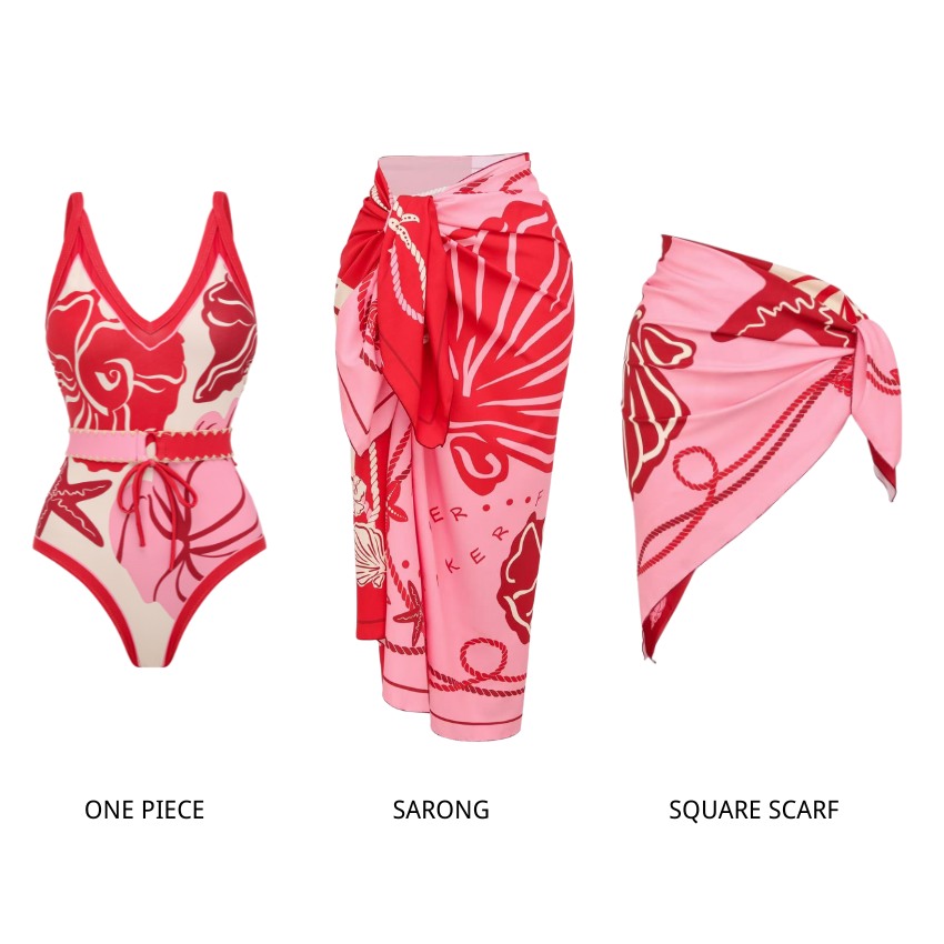 Pink Contrasting Color With Seashell Print Swimsuit Set(s)