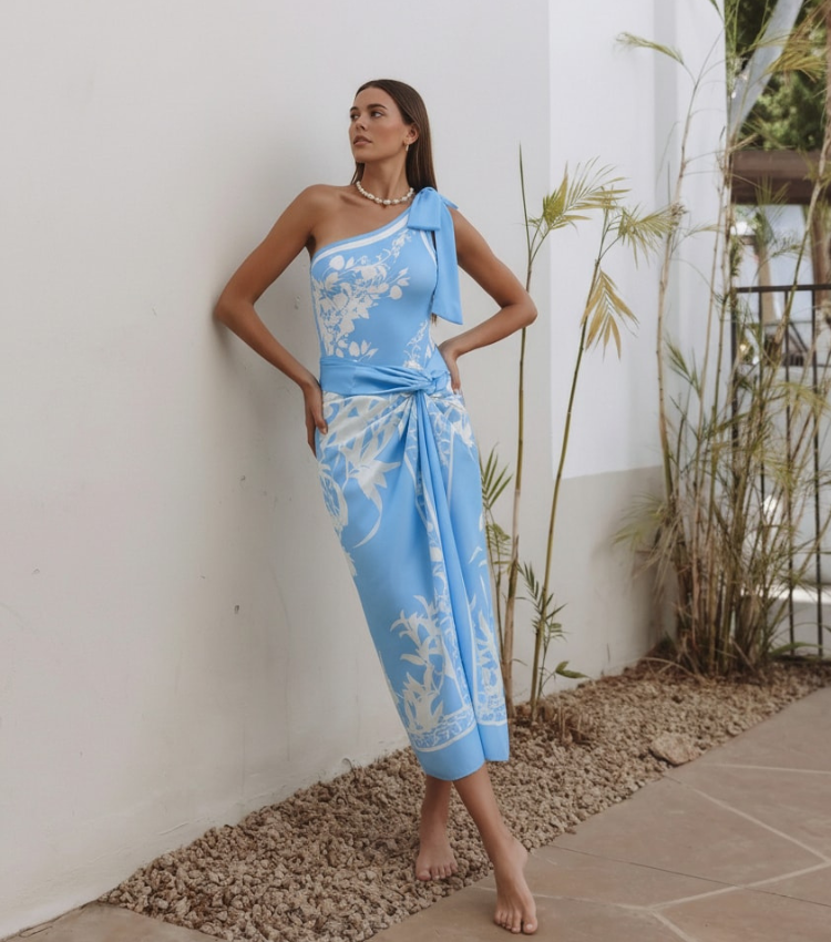 [Copy]One-Shoulder Blue Violet Flower Print Swimsuit Set(s)