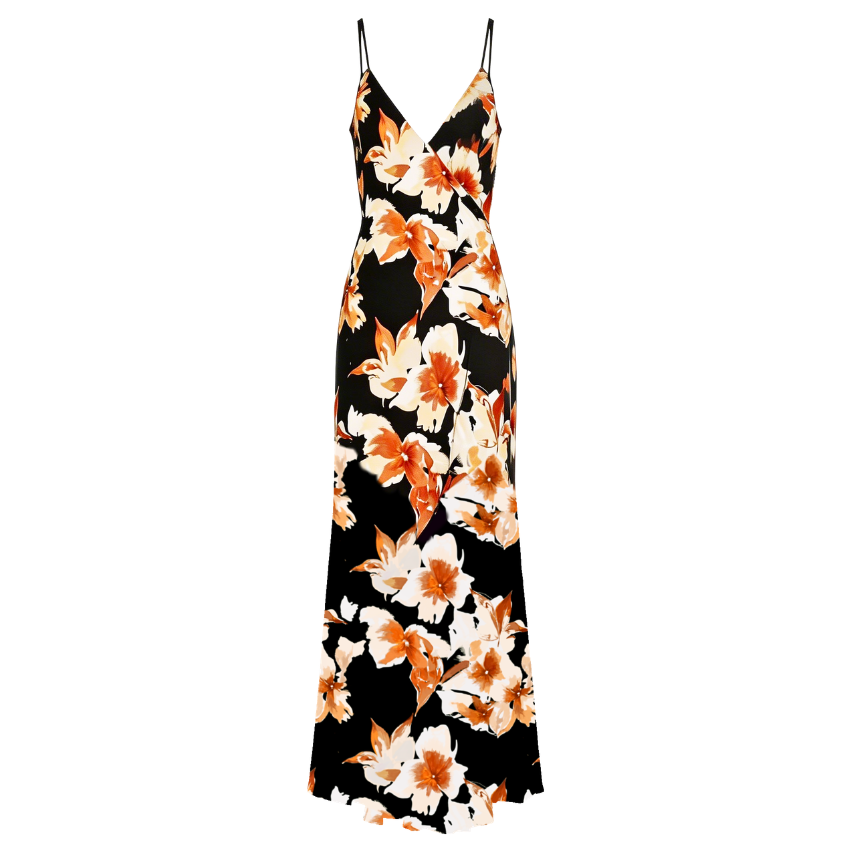 Orange Floral Print V-Neck Spaghetti Strap Wrap Maxi Dress