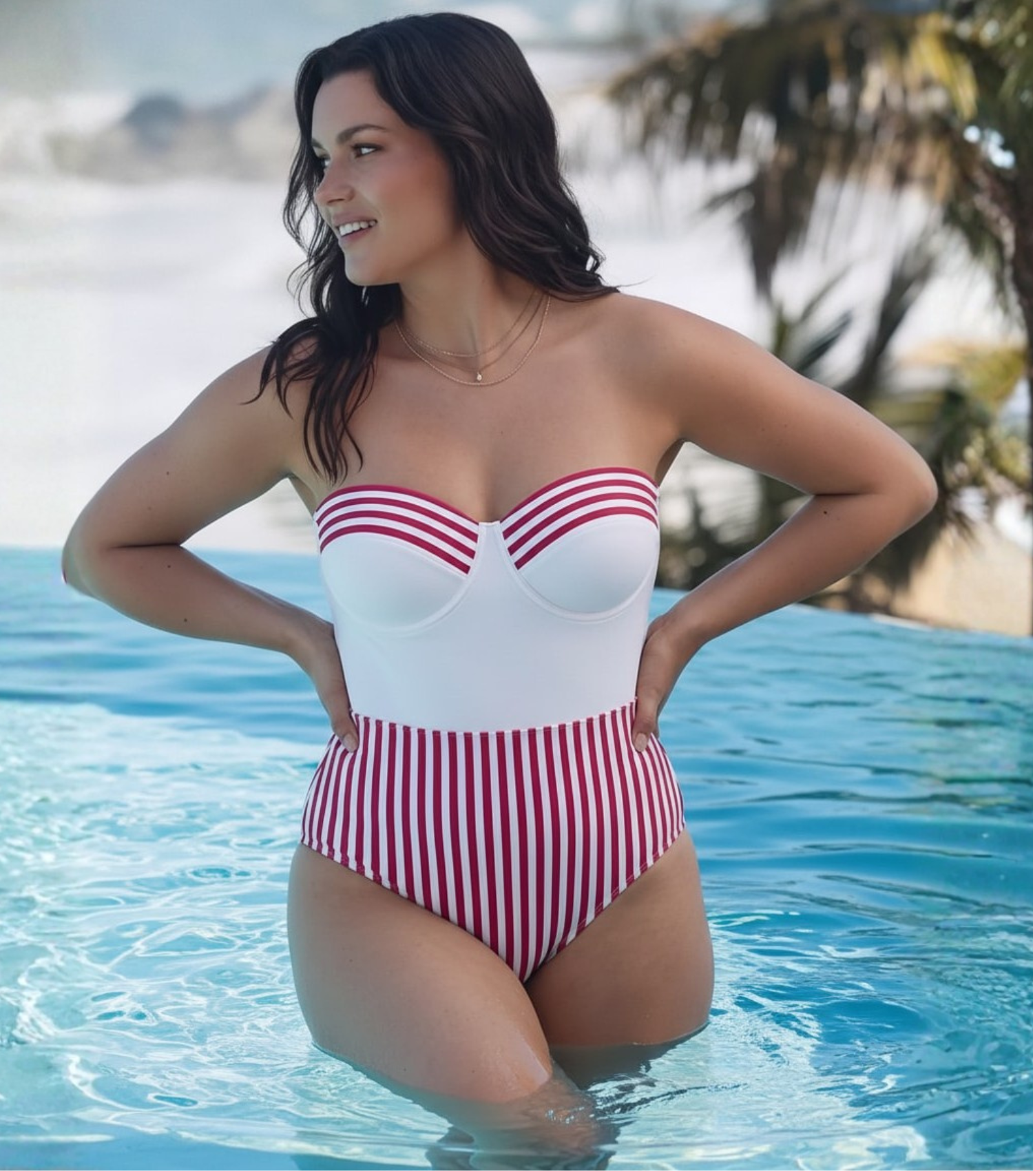 Plus Size Bandeau Striped Print One Piece Swimsuit and Skirt
