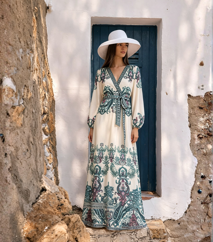 Cream Vintage Paisley Bow Front V-Neck Maxi Dress