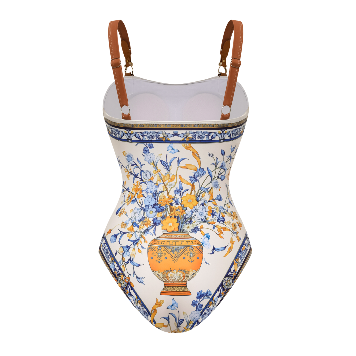 Porcelain Print Leather Straps One Piece Swimsuit and Sarong