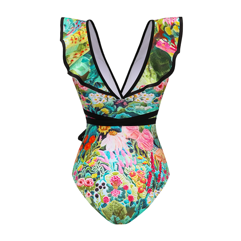 V Neck Bow-tie Oil Painting Print One Piece Swimsuit and Sarong