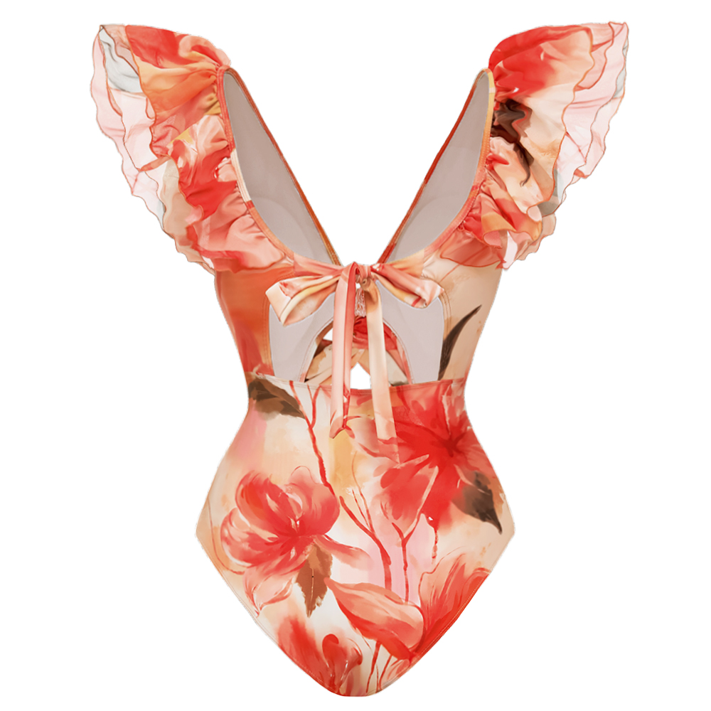 Ruffle Shoulder Flower Print One Piece Swimsuit and Skirt