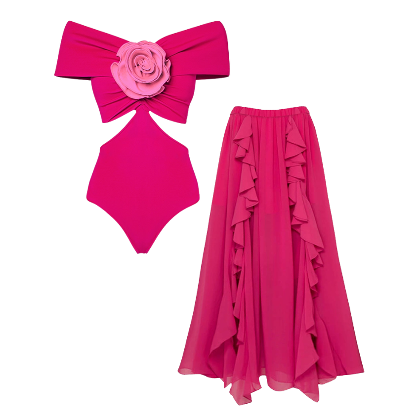 3D Flower Color Block Swimsuit and Skirt Flaxmaker