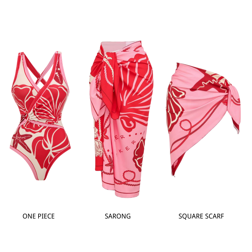 Pink Contrasting Color With Seashell Print Swimsuit Set(s)
