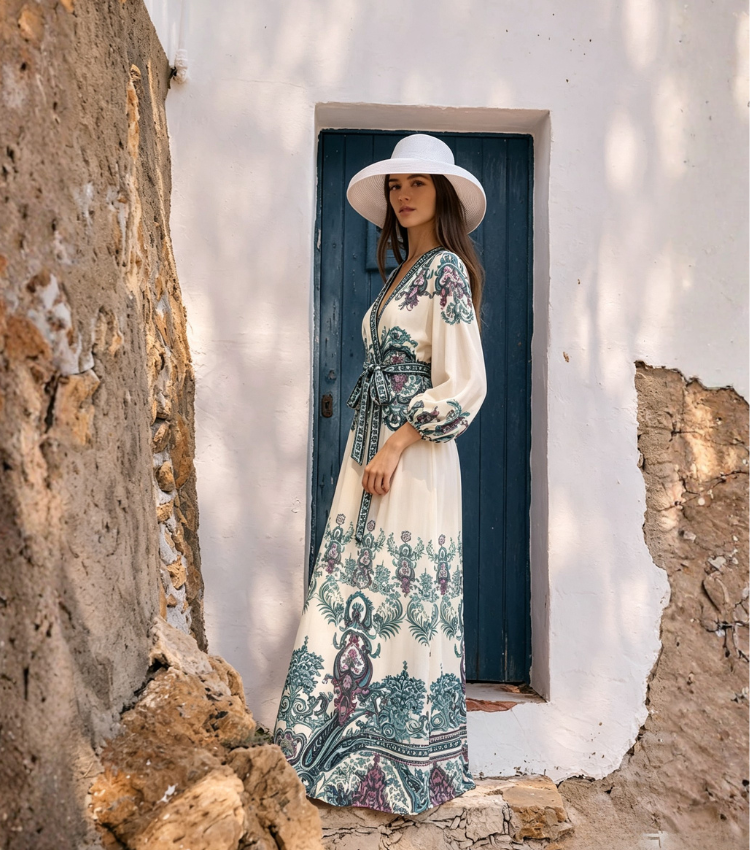 Cream Vintage Paisley Bow Front V-Neck Maxi Dress