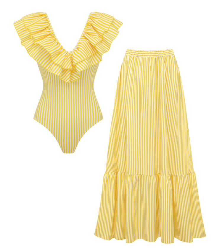 V Neck Ruffle Striped Print One Piece Swimsuit and Skirt