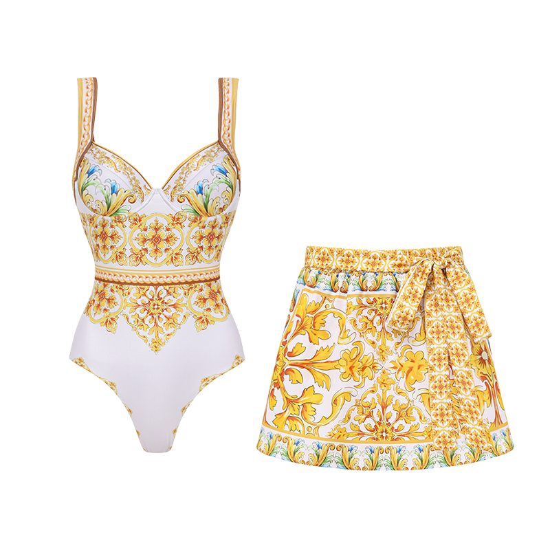 Sling Chest Support Golden Majolica Print One Piece Swimsuit and Sarong or Shorts