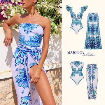 Off Shoulder Majolica Print One Piece Swimsuit and Sarong or Pants