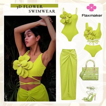 Lace-up Hand-stitched 3D flowers Bikini Swimsuit and Sarong