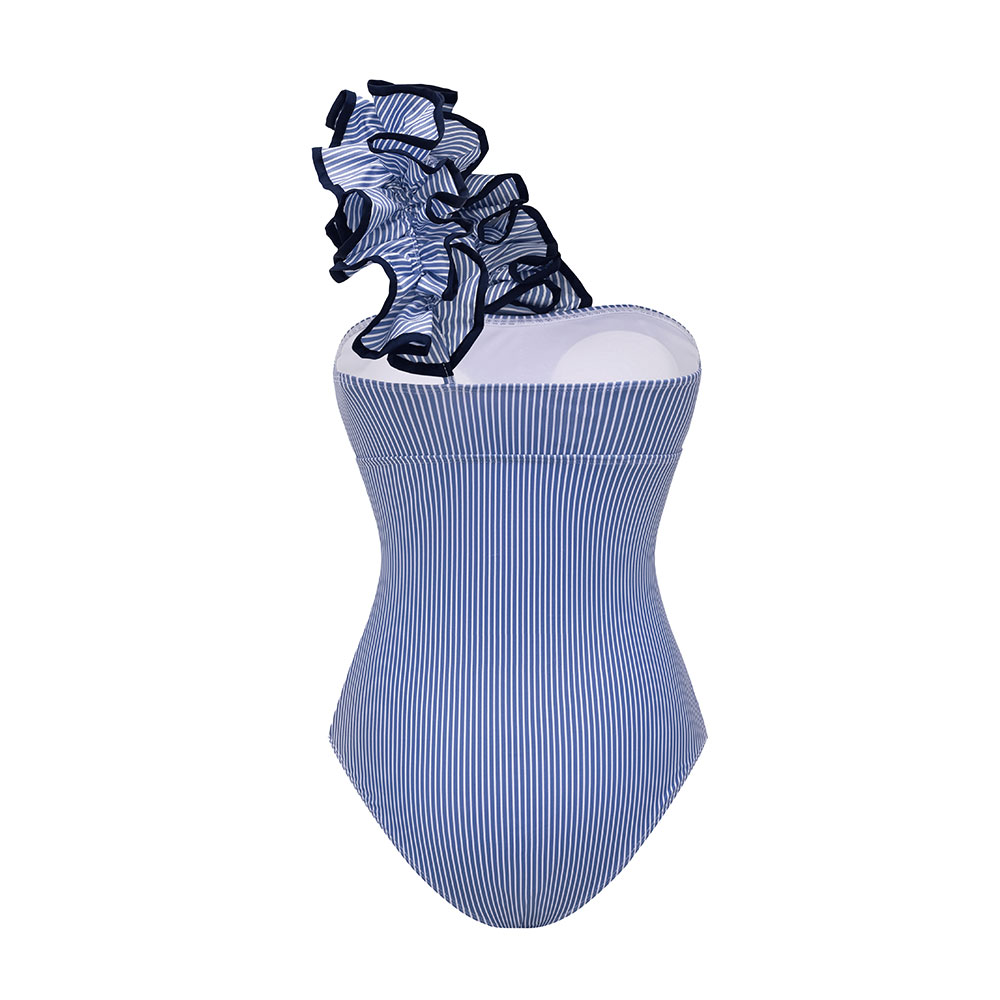 One Shoulder Ruffle Stripe Print One Piece Swimsuit and Skirt