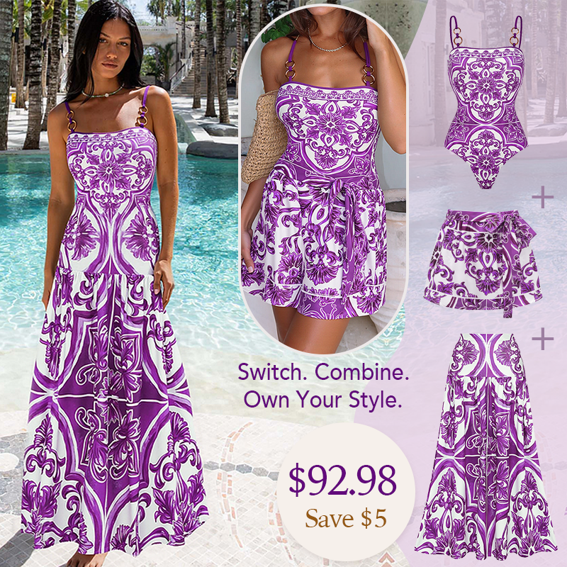 Sling Classic Majolica Series Pattern Print One Piece Swimsuit and Skirt or Shorts