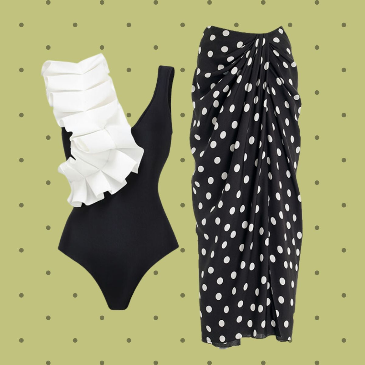 Ruffle Fold Polka Dot Printed One Piece Swimsuit and Sarong Flaxmaker